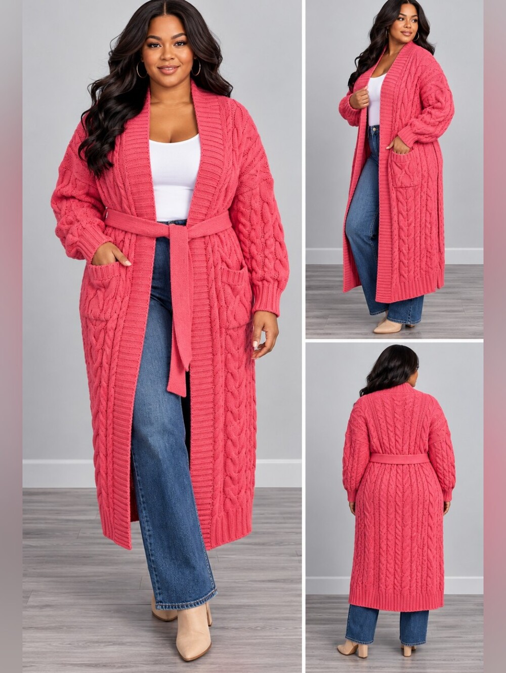 Belted Open-Front Cable Knit Cardigan - Pink